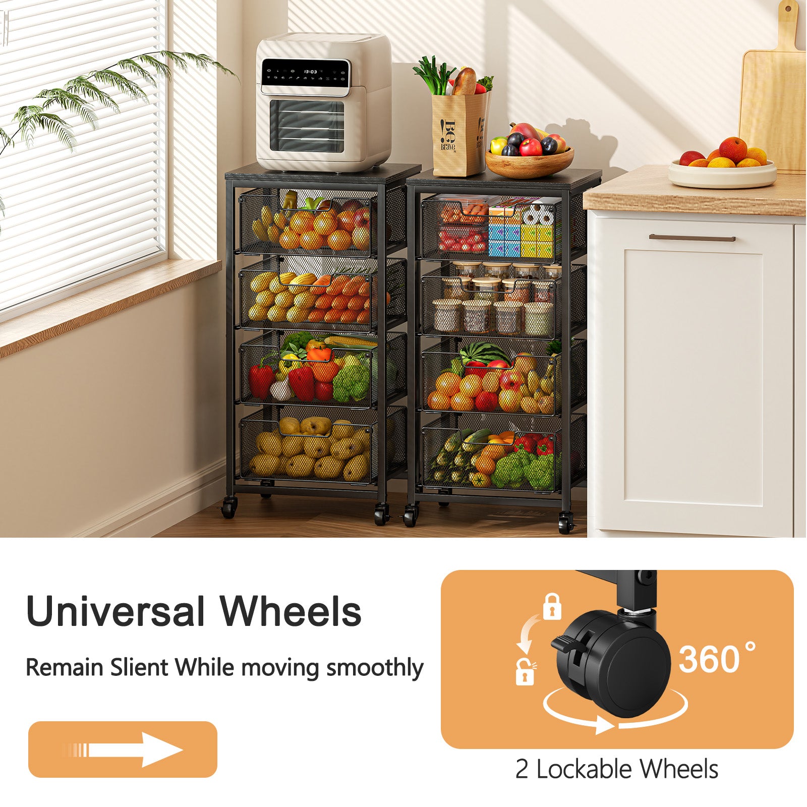 4-Tier Fruit Vegetable Storage Cart - Kitchen Organizer and Storage Cart with Wheels, Wooden Top Metal Wire Fruit Vegetable Rack Stand with Drawers to Storage Cans Snacks for Kitchen