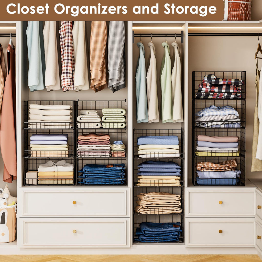 4-Tier Stackable Closet Organizers and Storage Shelves, Foldable Closet Shelf Organizer, Black(Patent Protection)(Patent No. 30022416)