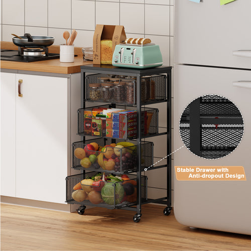 4-Tier Fruit Vegetable Storage Cart - Kitchen Organizer and Storage Cart with Wheels, Wooden Top Metal Wire Fruit Vegetable Rack Stand with Drawers to Storage Cans Snacks for Kitchen