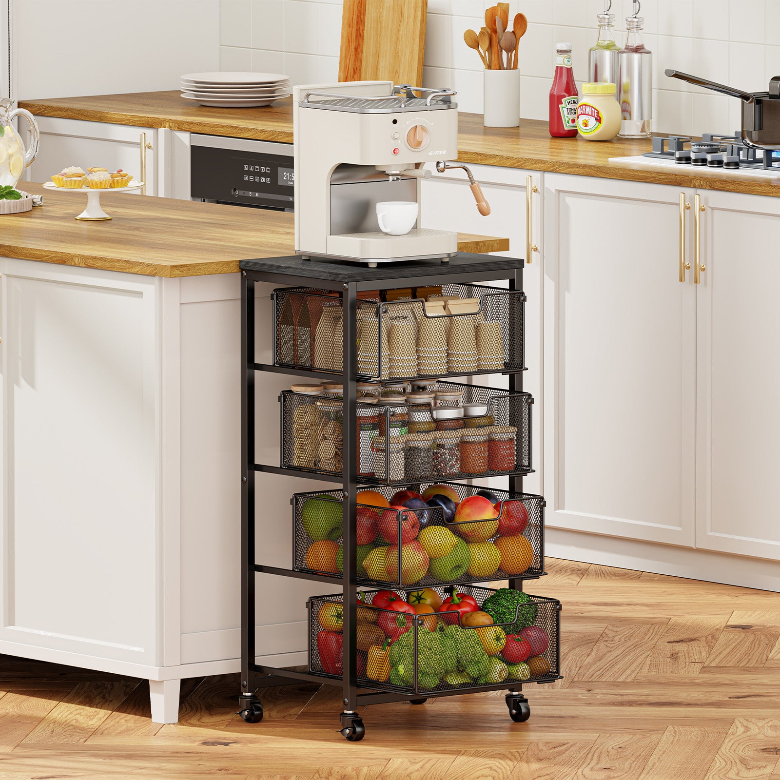 4-Tier Fruit Vegetable Storage Cart - Kitchen Organizer and Storage Cart with Wheels, Wooden Top Metal Wire Fruit Vegetable Rack Stand with Drawers to Storage Cans Snacks for Kitchen