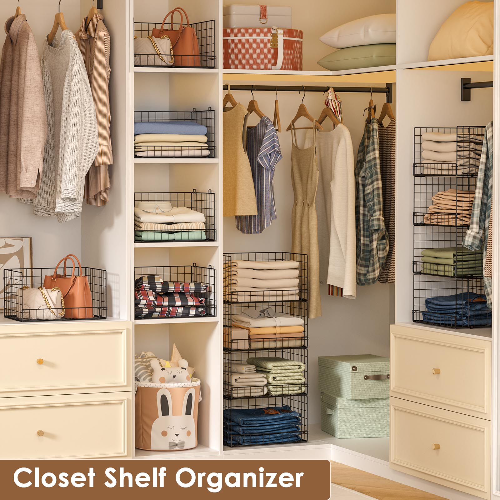 4-Tier Stackable Closet Organizers and Storage Shelves, Foldable Closet Shelf Organizer, Black(Patent Protection)(Patent No. 30022416)