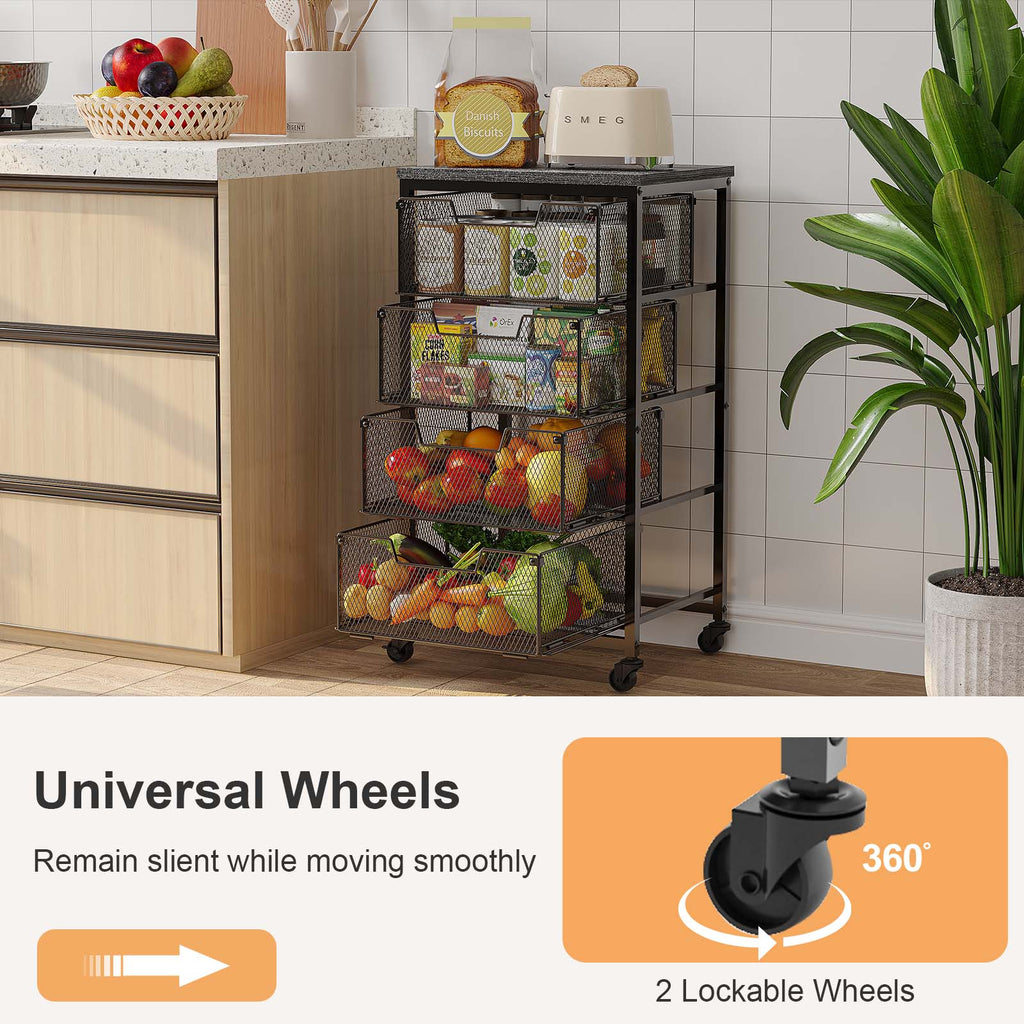 4-Tier Fruit Vegetable Storage Cart - Kitchen Organizer and Storage Cart with Wheels, Wooden Top Metal Wire Fruit Vegetable Rack Stand with Drawers to Storage Cans Snacks for Kitchen(Patent Pending)