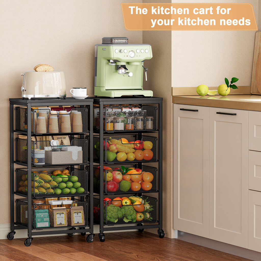 4-Tier Fruit Vegetable Storage Cart - Kitchen Organizer and Storage Cart with Wheels, Wooden Top Metal Wire Fruit Vegetable Rack Stand with Drawers to Storage Cans Snacks for Kitchen