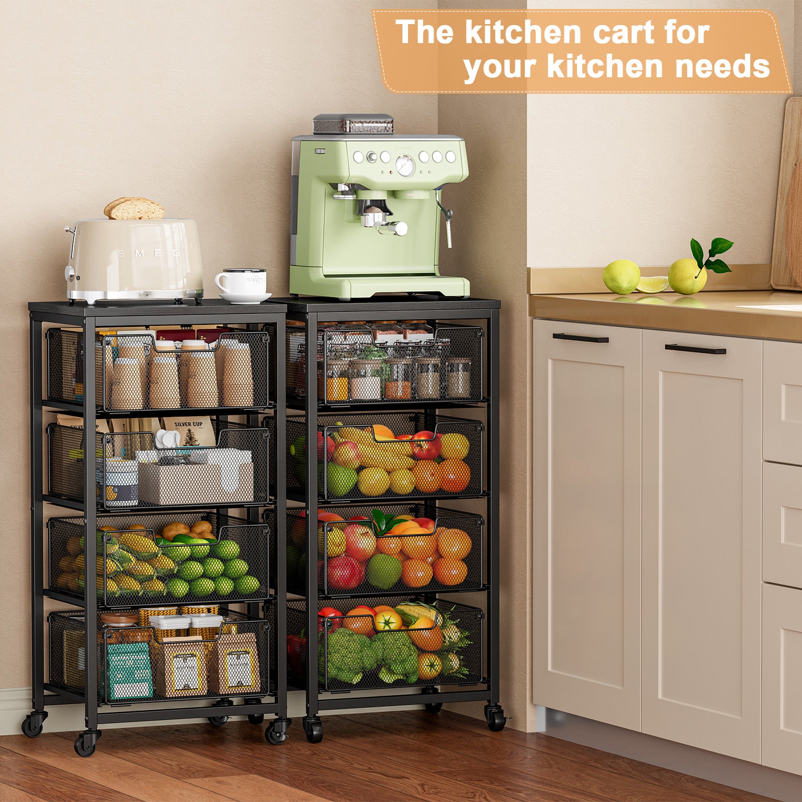 4-Tier Fruit Vegetable Storage Cart - Kitchen Organizer and Storage Cart with Wheels, Wooden Top Metal Wire Fruit Vegetable Rack Stand with Drawers to Storage Cans Snacks for Kitchen