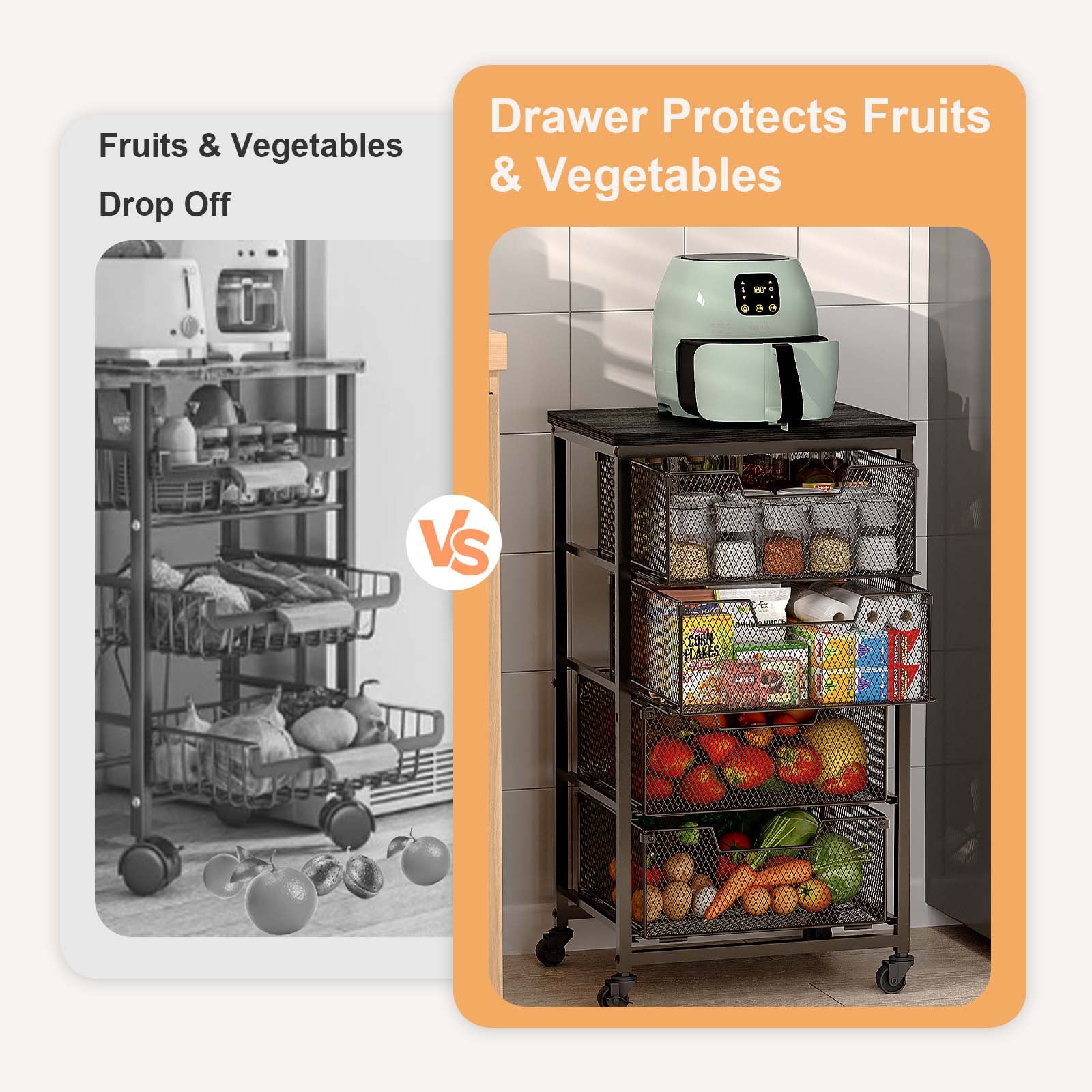 4-Tier Fruit Vegetable Storage Cart - Kitchen Organizer and Storage Cart with Wheels, Wooden Top Metal Wire Fruit Vegetable Rack Stand with Drawers to Storage Cans Snacks for Kitchen(Patent Pending)