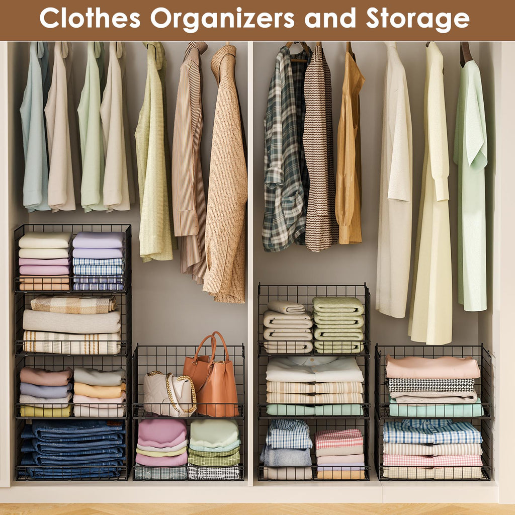 4-Tier Stackable Closet Organizers and Storage Shelves, Foldable Closet Shelf Organizer, Black(Patent Protection)(Patent No. 30022416)