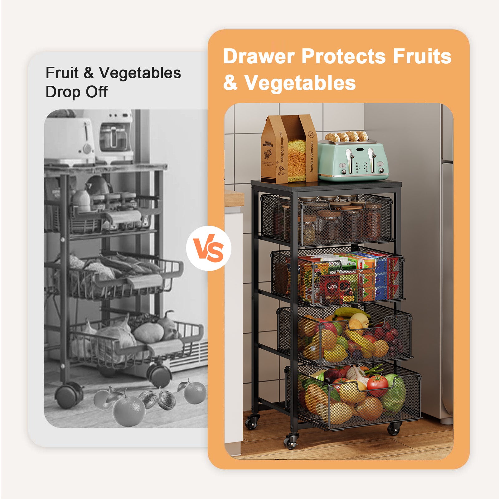 4-Tier Fruit Vegetable Storage Cart - Kitchen Organizer and Storage Cart with Wheels, Wooden Top Metal Wire Fruit Vegetable Rack Stand with Drawers to Storage Cans Snacks for Kitchen