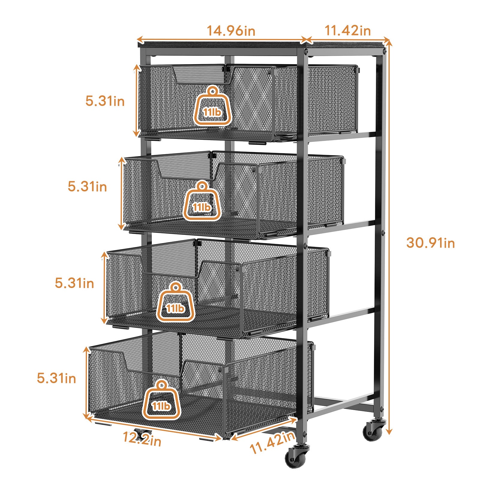 4-Tier Fruit Vegetable Storage Cart - Kitchen Organizer and Storage Cart with Wheels, Wooden Top Metal Wire Fruit Vegetable Rack Stand with Drawers to Storage Cans Snacks for Kitchen